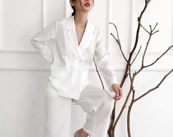 Tailored Linen Blazer - Women Linen Suit Jacket - Linen Suit Set - Linen Double Breasted Blazer w Pockets - Women Workwear Women Office Wear