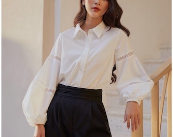 Puff Linen Blouse - Cotton Poplin Women Blouse - White Linen Top with Long Bishop Sleeves