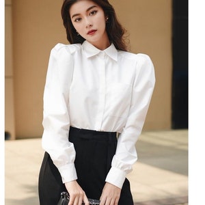 Puff Sleeves Linen Blouse - Pleated Cotton Poplin Women Blouse - White Top with Long Bishop Sleeves