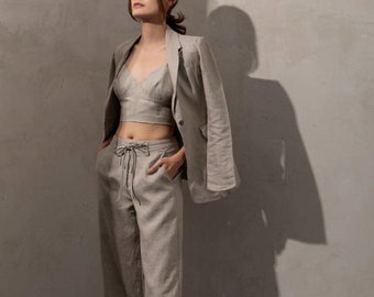 Women Linen Blazer With Flap Pockers - Linen Suit Set - Linen Single Breasted Blazer - Women Workwear