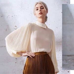 Collared Blouse - Silk Top with Long Pleated Sleeves