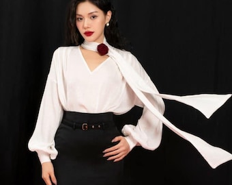 Office silk shirt/silk long sleeve blouse/white silk blouse/women long sleeve shirt/Collared silk blouse/women office silk shirt