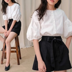 High Waist Linen Shorts for Women / Linen Short in Black / Linen Set of 2: Blouse & Shorts