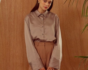 Button Up Silk Blouse with Bishop Long Sleeve - Formal Silk Shirt