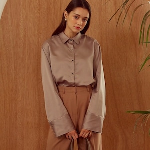 Button Up Silk Blouse with Bishop Long Sleeve - Formal Silk Shirt