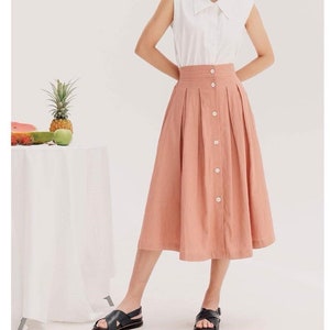 Pleated Linen Midi Skirt with Front Buttons / Available in 50 Colors