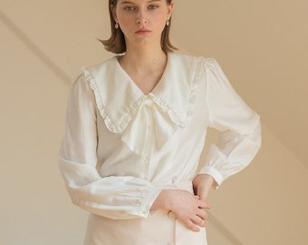Loose Cotton Top with Long Peasant Sleeves in White / Cotton Blouse with Peter Pan Collar / Available in 50 Colors