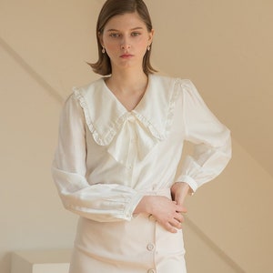 Loose Cotton Top with Long Peasant Sleeves in White / Cotton Blouse with Peter Pan Collar / Available in 50 Colors