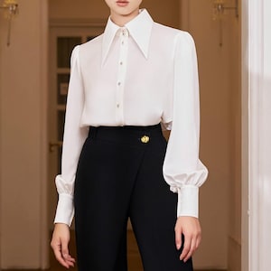 Silk Blouse with Big Pointed Collar - Long Cuff Bishop Sleeve Button Down Shirt - Retro 70s Dagger Collar White Fuchsia Top