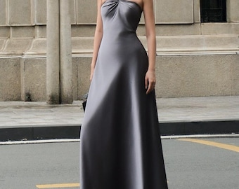 Silk Halter Maxi Dress - Twisted Bust Backless Evening Gown - Sexy Open Back Prom Gown with Ruched Strap - Formal Party Long Dress