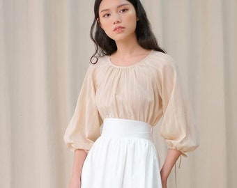 Loose Cotton Top with Ruched Boat Neck and Bishop Sleeves