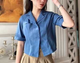 Short Sleeve Linen Top With Button Up - Collared Linen Shirt - Linen Crop Top - Linen Blouse for Women