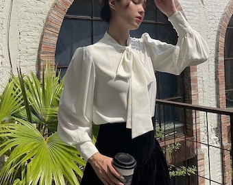 Women Silk Blouse with Bishop Sleeves and Tie Neck - Women Ribbon Blouse - Bow Tie Neck Women Shirt - Turtleneck Blouse