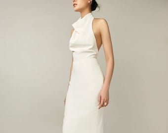 Bodycon Wedding Guest Silk Midi Dress with Open Back in White