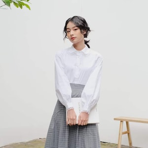 Long Sleeves Linen Shirt - Bishop Sleeves Blouse with Lace Trim - Loose Linen Top