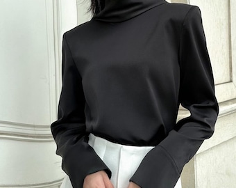 Elegant Draped Open Back Silk Blouse for Women – Handmade Long Sleeve Cowl Top, Made-to-Order Custom Fit, Minimalist Chic