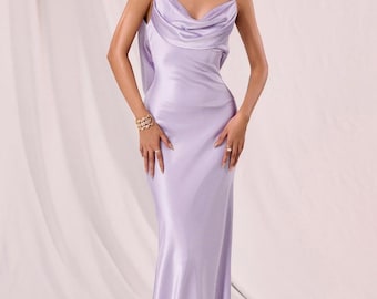 Maxikleid mit drapiertem Ausschnitt - Bodenlanges Kleid mit offenem Wasserfallausschnitt - Ärmelloses Abendkleid - Formelles langes Kleid für Frauen - Spaghetti-Seidenkleid