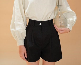Loose Linen Shorts with Front Pleats