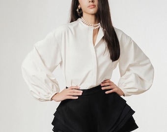 Silk Blouse with Balloon Sleeves and Hidden Button Placket – Custom Women’s Shirt for Elegant Everyday Style - Long Peasant Sleeve Blouse