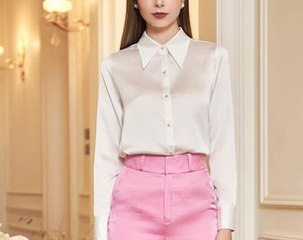 Formal Silk Blouse with Long Sleeves and Collared - Women Loose Silk Blouse - Casual Office Women Shirt - Buttons Up Shirt