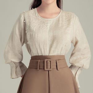 Linen Blouse with Pintuck Pleats and Pearl Detail – Feminine Minimalist Shirt for Elegant Daily & Occasion Wear - Formal Work Linen Shirt
