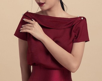 Draped Back Silk Top with Wide Neckline – Short Sleeve Satin Blouse with Pearl Accents – Refined Minimal Style for Formal Women’s Wear