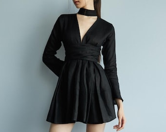 Black Linen Mini Dress with Choker Collar, Deep V Neck Dress, Long Sleeve Short Linen Gown, Edgy Avant-Garde Clothing, Summer Above Knee