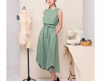 Loose Linen Summer Dress Asymmetric Hem / Sleeveless Round Neckline Linen Dress / Available in 50 Colors