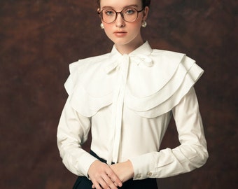 Bow Neck Women Blouse - Long Sleeves Women Shirt with Cape Collar - Victorian Shirt with Puritan Collar