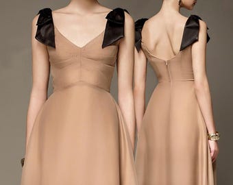 Organza Maxi Dress with V-Neck and Shoulder Bow Detail | Formal Evening Gown | Fit Flare Long Dress | High Waist Dress for Women