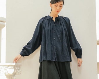 Loose Linen Tunic - Long Sleeve Linen Blouse  - Button Up Shirt For Women - Vintage Linen Blouse Top - Bishop Linen Blouse