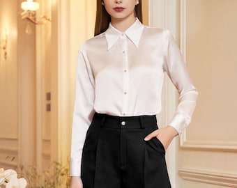 Blusa De Saten Elegante Para Mujer - Manga Larga, Cuello En V - Cómoda Para Oficina Y Casual