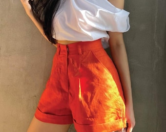Linen Shorts for Women with Pockets, High Waisted Cuffed Linen Shorts, Dark Orange Pleated Summer Shorts, Casual Beach Resortwear
