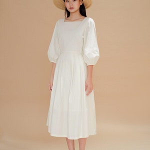 Square Neckline Cotton Poplin Dress / Bishop Sleeve Loose Dress / Midi Summer Dress / Available in 50 Colors