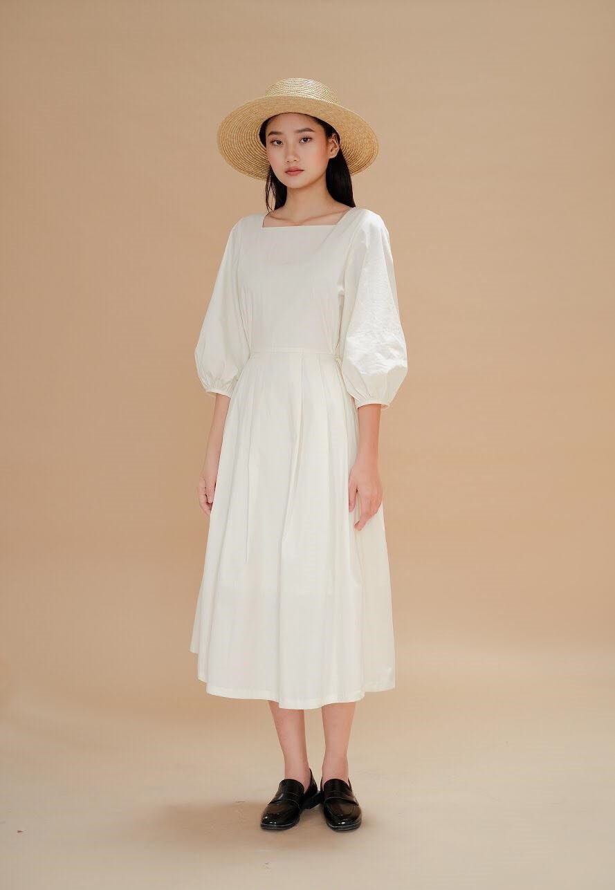 Square Neckline Cotton Poplin Dress / Bishop Sleeve Loose Dress / Midi Summer Dress / Available in 50 Colors
