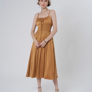 A - Line Midi Silk Dress with Sleeveless and Tie Neck