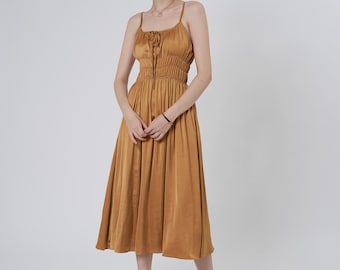 A - Line Midi Silk Dress with Sleeveless and Tie Neck