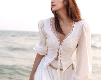 Peasant sleeve linen shirt/white long sleeve blouse/women long sleeve top/ women beach shirt with tie front