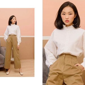 Loose Linen Blouse in White with Long Bishop Sleeves and Frill Neck / Available in 50 Colors