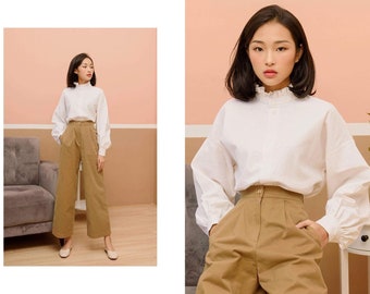 Loose Linen Blouse in White with Long Bishop Sleeves and Frill Neck / Available in 50 Colors