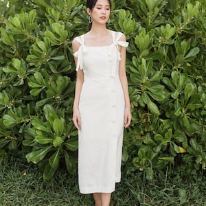 Tie Straps Linen Dress - Asymmetrical Buttons Linen Dress - Linen Slip Dress - Square Neck Shirtdress