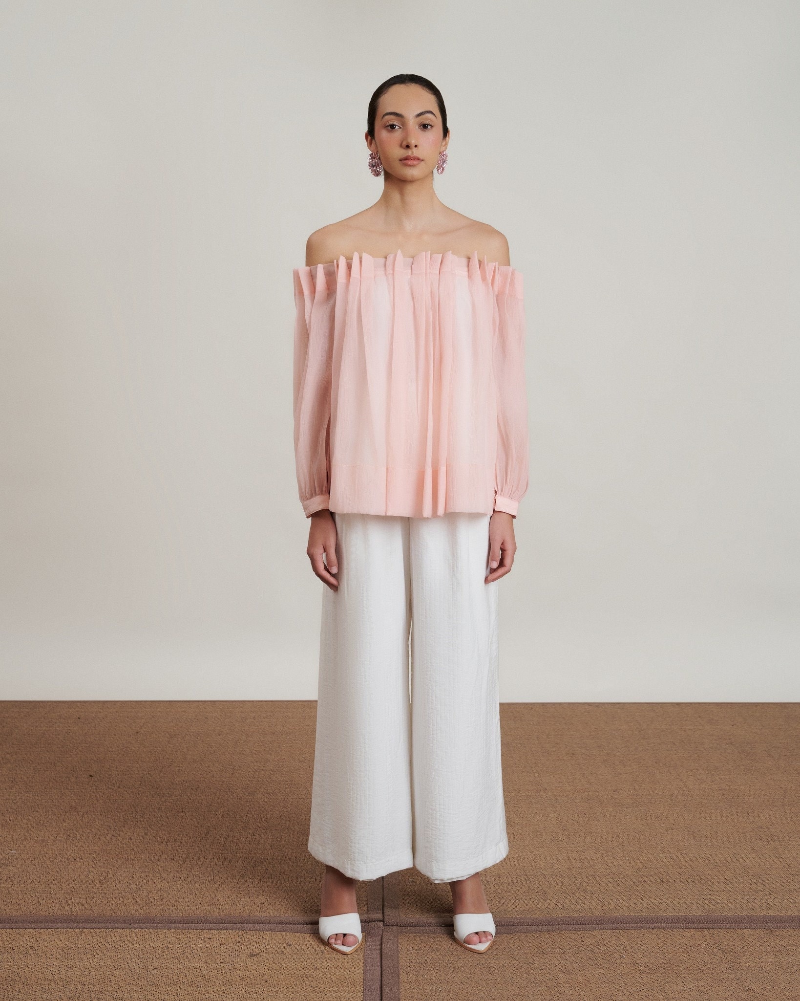 Off Shoulder Sheer Organza Blouse With Long Sleeves / Loose
