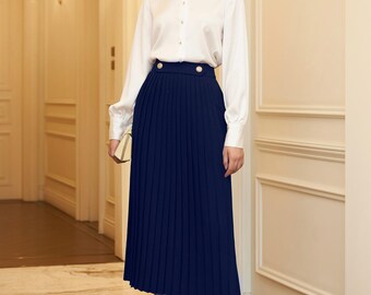 Structured Waistband Skirt with Decorative Gold Buttons - A Line Midi Silk Skirt with Pleated - High Waist Office Midi Silk Skirt
