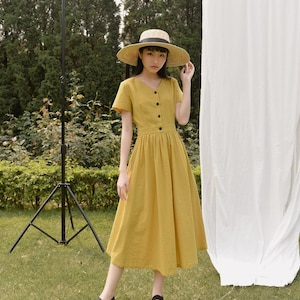 Linen MIDI / MAXI Dress / V Neckline and Short Sleeves Dress with Front Buttons / Ruched A-Line Linen Dress / Available in 50 Colors