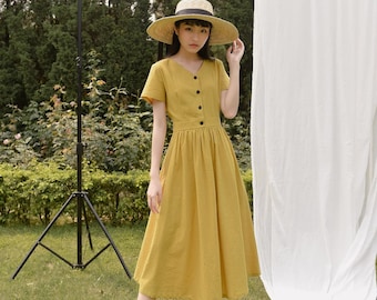 Linen MIDI / MAXI Dress / V Neckline and Short Sleeves Dress with Front Buttons / Ruched A-Line Linen Dress / Available in 50 Colors