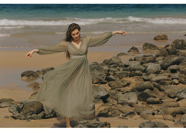 Bishop Sleeves Chiffon Dress - A Line Maxi