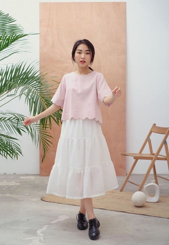 Loose Linen Top With Scallop Hem / Short Sleeve Linen Top