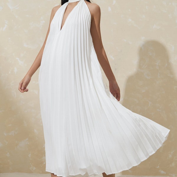 Pleated Midi Silk Dress with Sleeveless and High Neckline in White