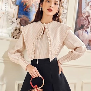 Big Pointed Collar Linen Blouse - Wide Cuff Linen Top with Long Bishop Sleeves