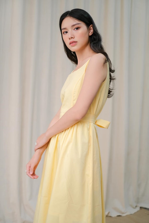 Light Yellow Cotton Poplin MIDI Dress with Square Neckline - Sleeveless Linen MIDI Dress - Available in 50 Colors
